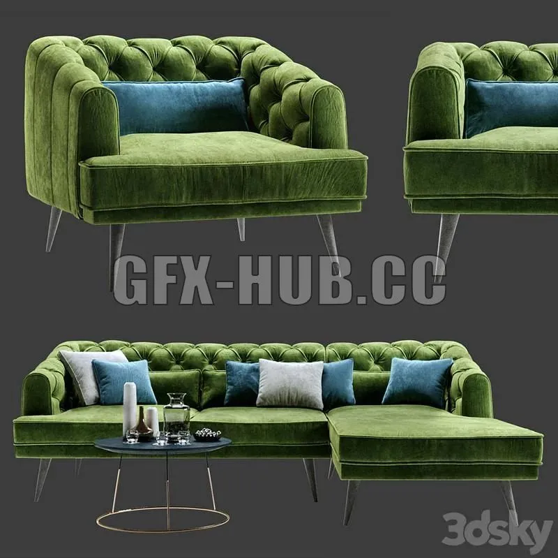 FURNITURE 3D MODELS – Earl Gray Corner Sofa With Chaise and Armchair