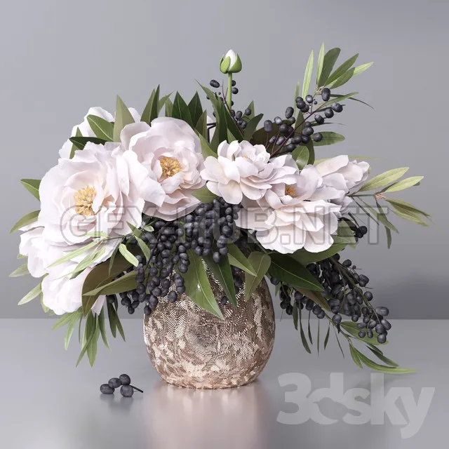 FURNITURE 3D MODELS – Flower Arrangement peony grape leaf twig vase