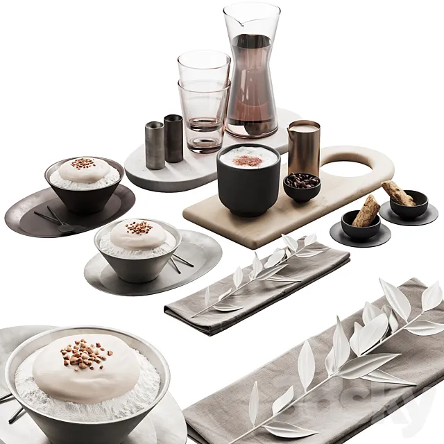 429 eat and drinks decor set 07 desserts with latte and water carafe 3ds Max