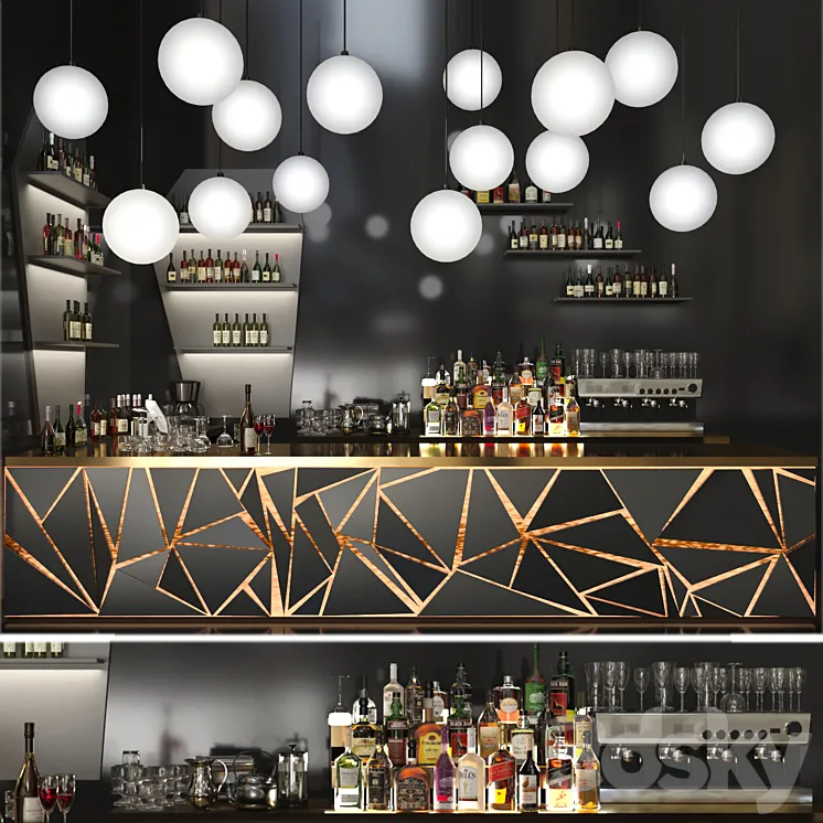 A bar counter with a beautiful backlight and a collection of alcohol. Restaurant 3DS Max