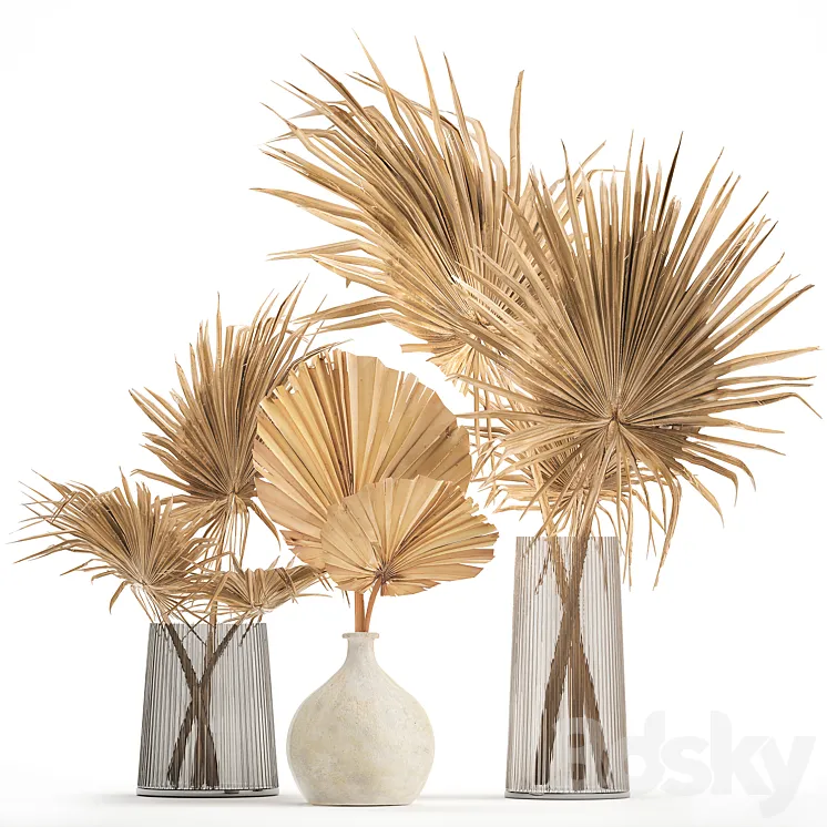 A beautiful bouquet of dried flowers in a glass vase with branches a dry palm leaf a branch. Set 133. 3DS Max