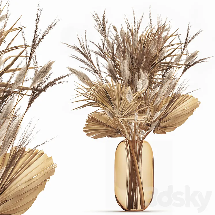 A beautiful bouquet of dried flowers in a glass vase with dry weinik branches and a dry palm leaf branch . 150. 3DS Max