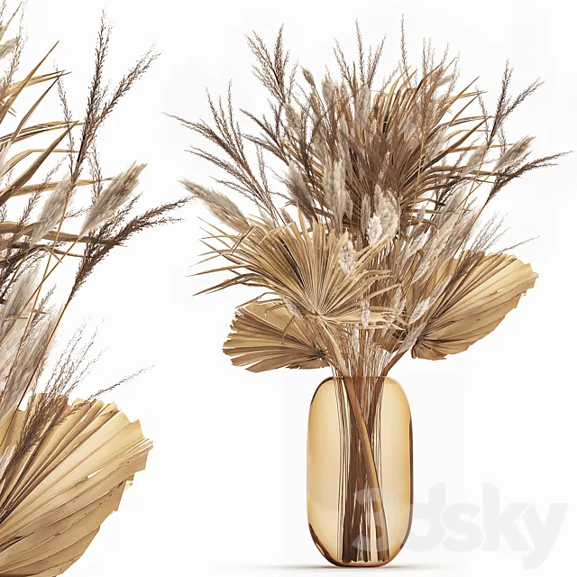 A beautiful bouquet of dried flowers in a glass vase with dry weinik branches and a dry palm leaf branch . 150. 3dsMax Model