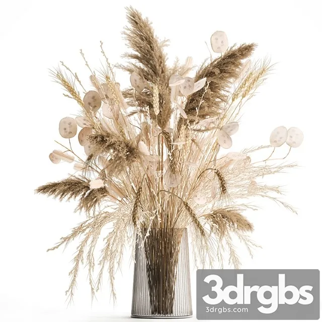 A beautiful bouquet of dried flowers in a vase with dry branches of pampas, reeds, lunnik, spikelets. 126.