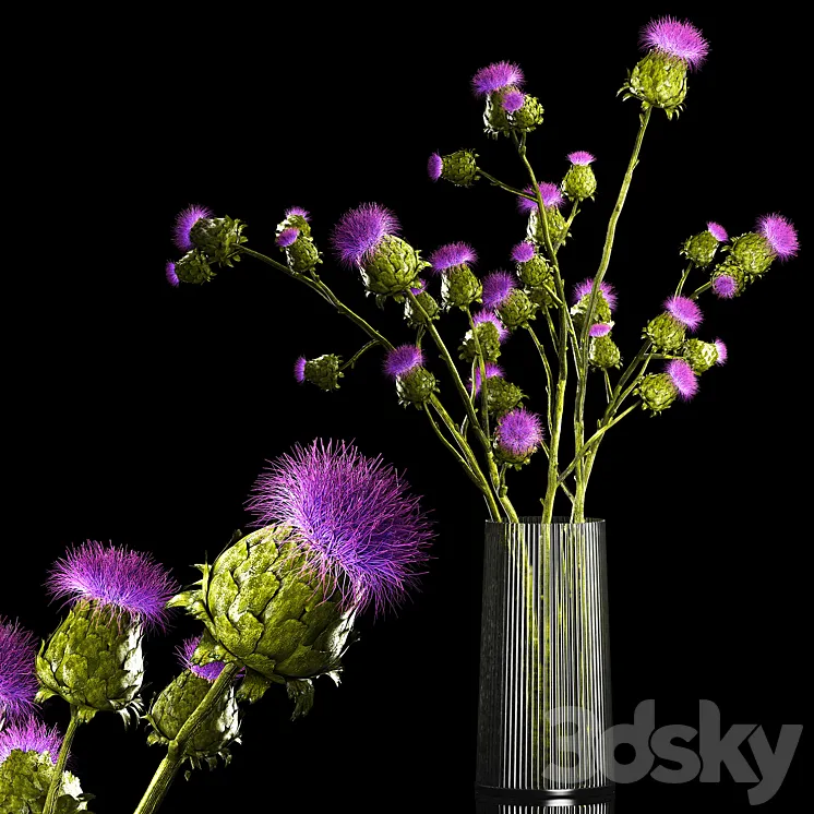A beautiful green lush bouquet of stabilized dried flowers in a modern glass vase with branches of thorns thistle. Set 292. 3DS Max Model