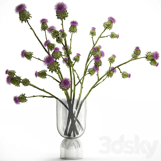 A beautiful green lush bouquet of stabilized dried flowers in a modern glass vase with branches of thorns thistle. Set 295. 3ds Max