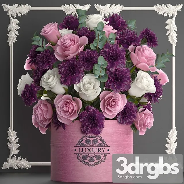 A beautiful lush modern bouquet of pink flowers in a luxury vase with a molded frame carnation roses eucalyptus branch set 93 3dsmax Download