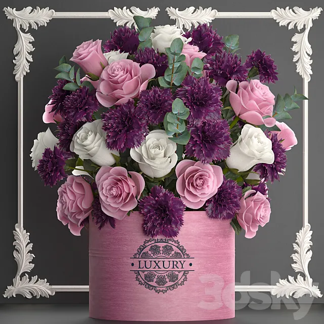 A beautiful lush modern bouquet of pink flowers in a luxury vase with a molded frame carnation roses eucalyptus branch. Set 93. 3ds Max