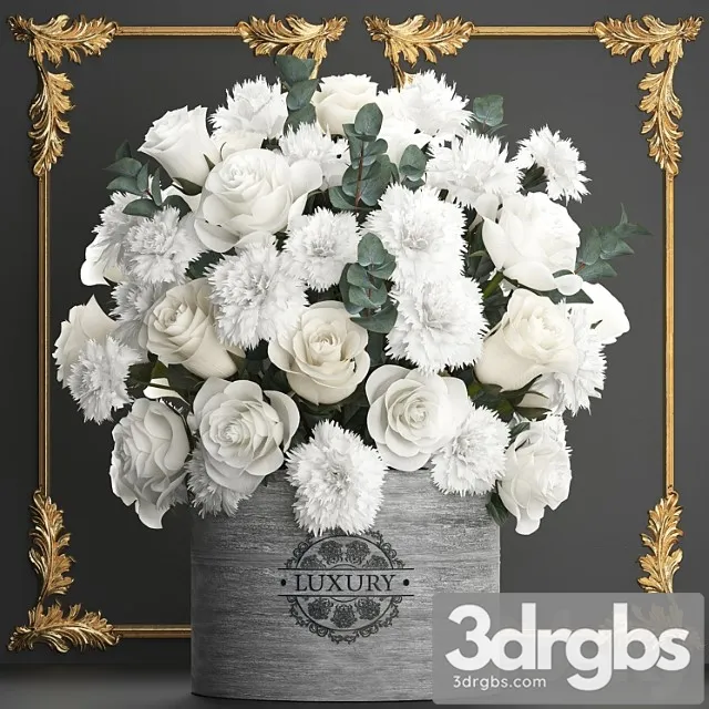 A beautiful lush modern bouquet of white flowers in a luxury vase with a molded frame carnation roses eucalyptus branch set 92. 3dsmax Download