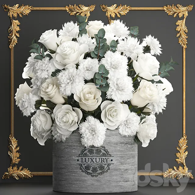 A beautiful lush modern bouquet of white flowers in a luxury vase with a molded frame carnation roses eucalyptus branch. Set 92. 3ds Max