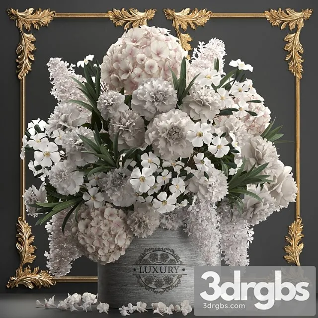 A beautiful lush modern bouquet of white flowers in a luxury vase with a molded frame hydrangea lilac peonies oleander gold set 91 3dsmax Download