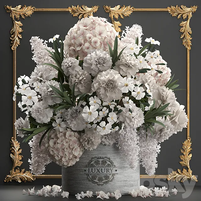 A beautiful lush modern bouquet of white flowers in a luxury vase with a molded frame hydrangea lilac peonies oleander gold. Set 91. 3DS Max Model