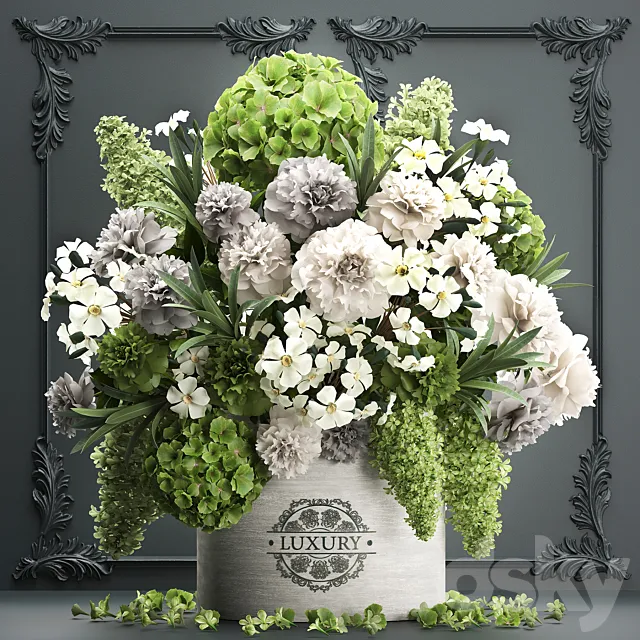 A beautiful lush modern bouquet of white green flowers in a luxury vase with a molded frame hydrangea lilac peonies oleander. Set 90. 3ds Max