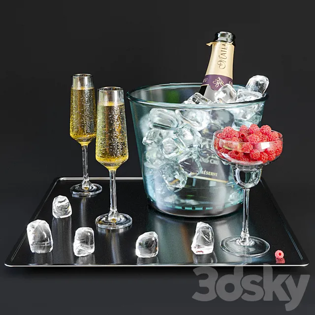 A bottle of champagne on a tray with ice and raspberries. 3ds Max