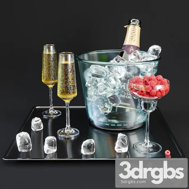 A bottle of champagne on a tray with ice and raspberries.