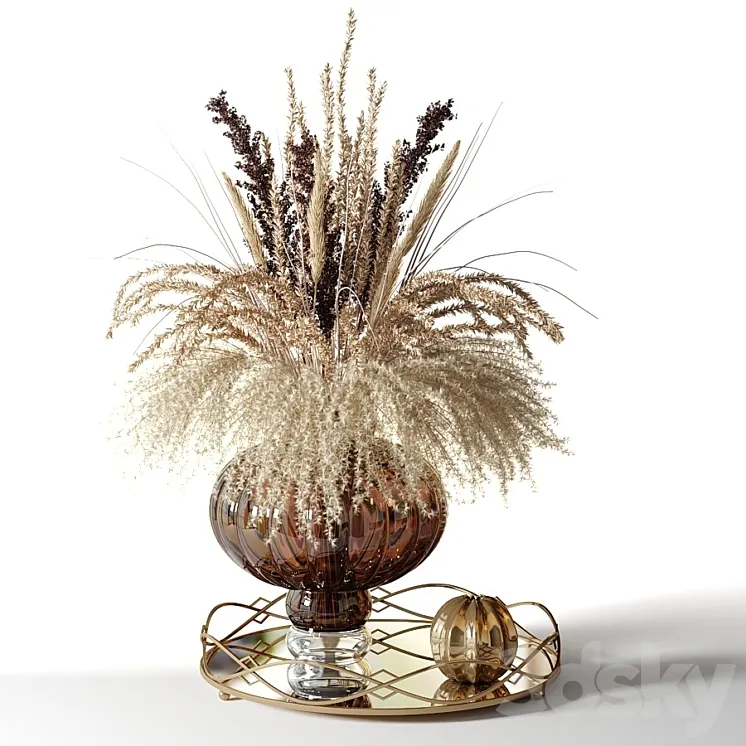 A bouquet of dried flowers in a pot-bellied brown vase on a tray 3DS Max