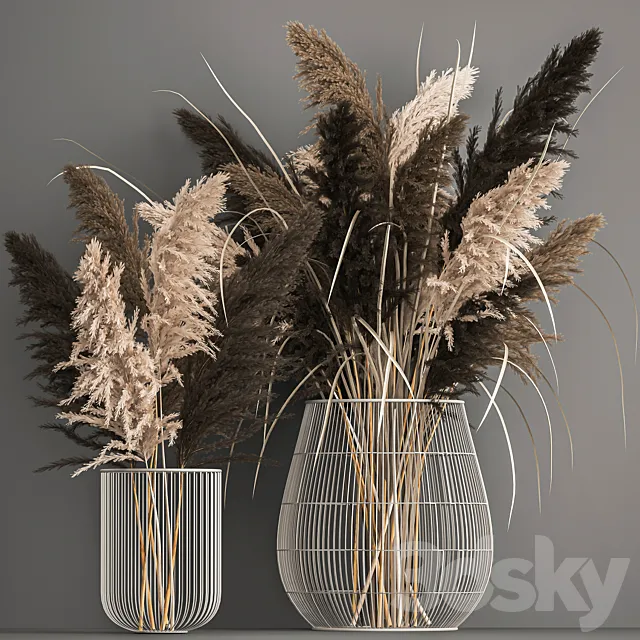 A bouquet of dried flowers with pampas grass in a basket reeds branches. Set 1071. 3ds Max