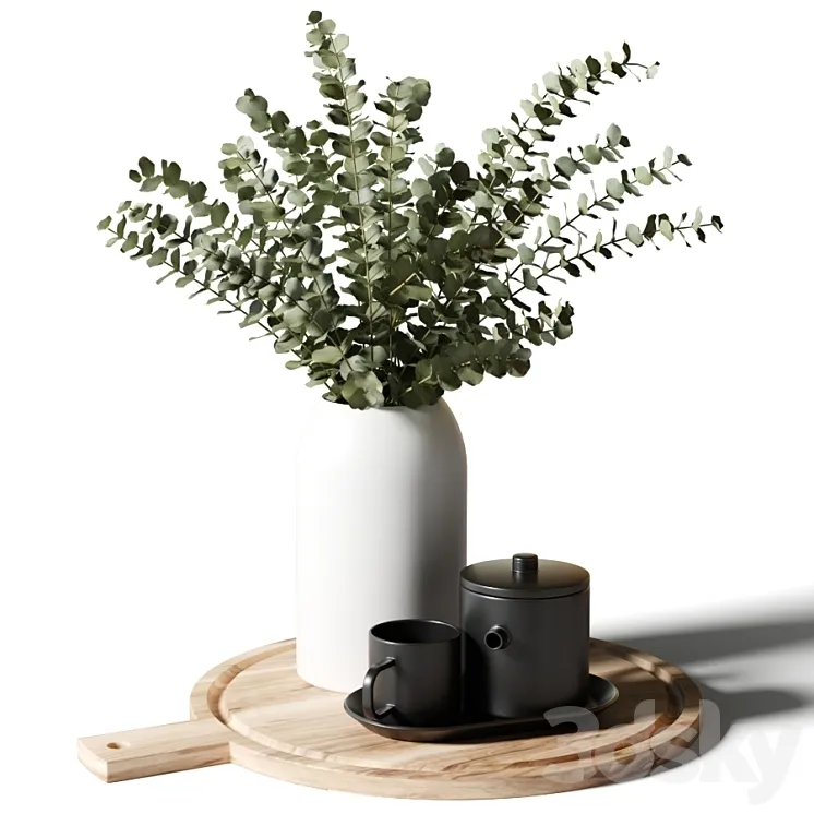 A bouquet of eucalyptus in a white vase and a teapot with a cup on a wooden board 3DS Max
