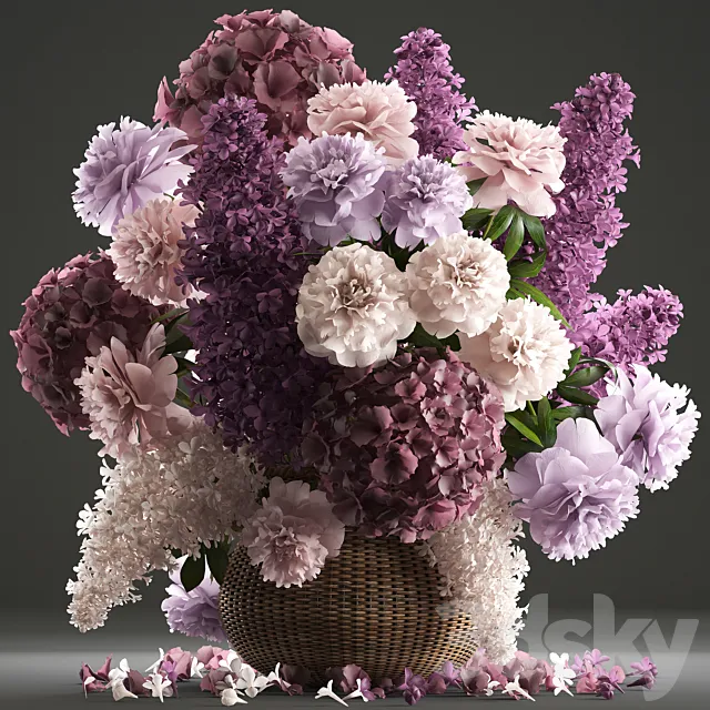 A bouquet of flowers 83. Lilac hydrangea basket decor peonies eco design natural decor table decoration 3ds Max
