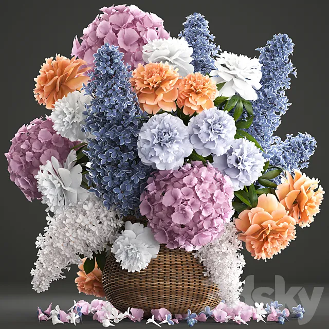 A bouquet of flowers 84. Lilac. hydrangea. basket. decor. peonies. eco design. natural decor. table decoration 3DSMax File