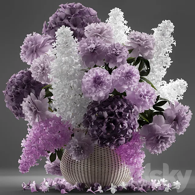 A bouquet of flowers 86. Flowers. white basket. spring flowers. rattan. hydrangea. eco design. nature decor. table decoration 3DSMax File