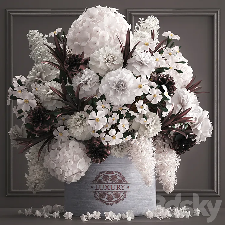 A bouquet of flowers in a gift box 88.luxury bouquet stucco frame Hydrangea lilac peonies oleander vase white bouquet luxury decor eco design table decoration composition 3DS Max