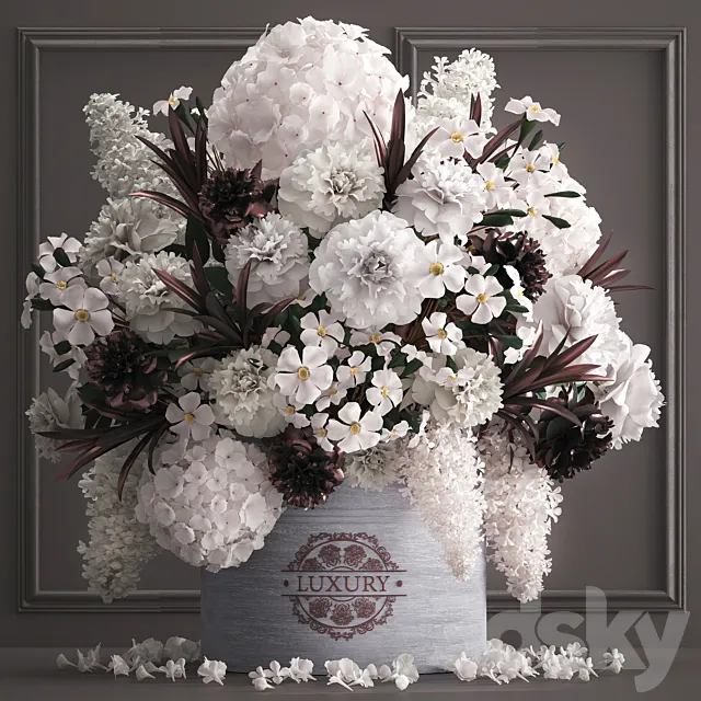 A bouquet of flowers in a gift box 88.luxury bouquet. stucco frame. Hydrangea. lilac. peonies. oleander. vase. white bouquet. luxury decor. eco design. table decoration. composition 3DSMax File