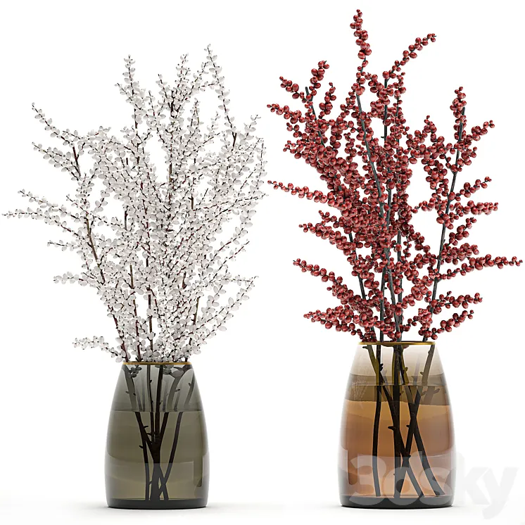 A collection of beautiful bouquets of branches with red and white berries in a vase of Ilex Holly dried flower Snowberry. Set 98. 3DS Max