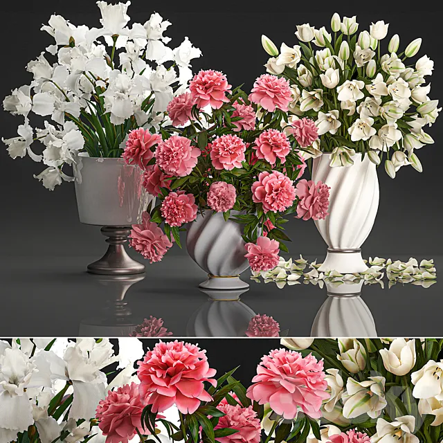 A collection of beautiful decorative bouquets in classic vases with pink peony White tulips Iris. Set 110. 3ds Max