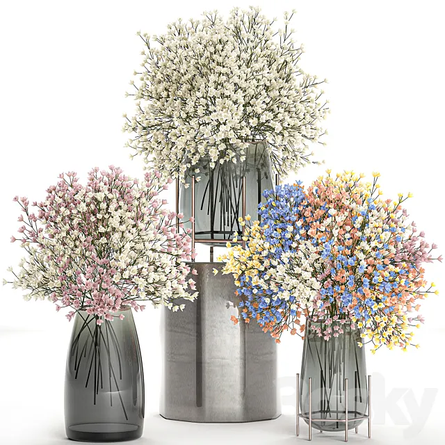 A collection of beautiful lush little white and pink bouquets in glass vases with Gypsophila Gibsolyubka Kachim. Set 107. 3DS Max Model