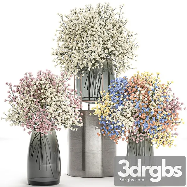 A collection of beautiful lush little white and pink bouquets in glass vases with gypsophila, gibsolyubka, kachim. set 107.