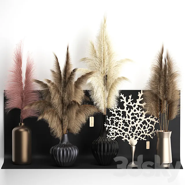 A collection of bouquets of dried flowers in vases on a black metal shelf with pampas. coral. Cortaderia. Set 11. 3DSMax File
