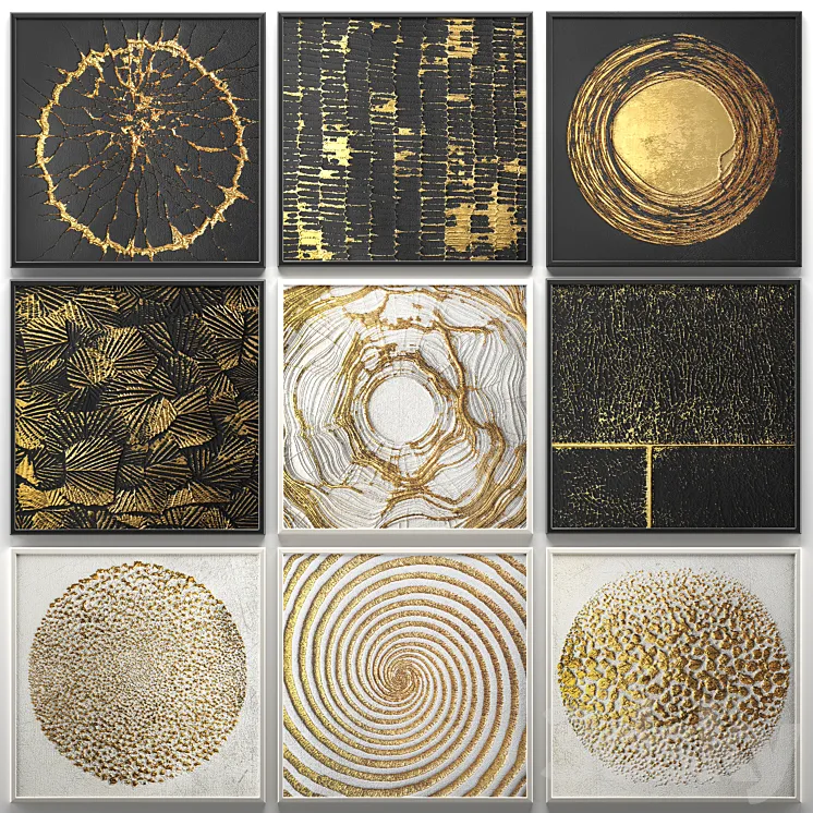A collection of decorative paintings. Gold. 2 wall decor a set of paintings luxury panels gold white black set decorative abstraction pattern 3DS Max