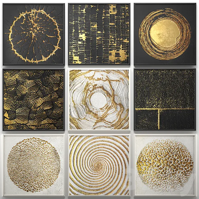 A collection of decorative paintings. Gold. 2 wall decor. a set of paintings. luxury. panels. gold. white. black. set. decorative. abstraction. pattern 3DSMax File