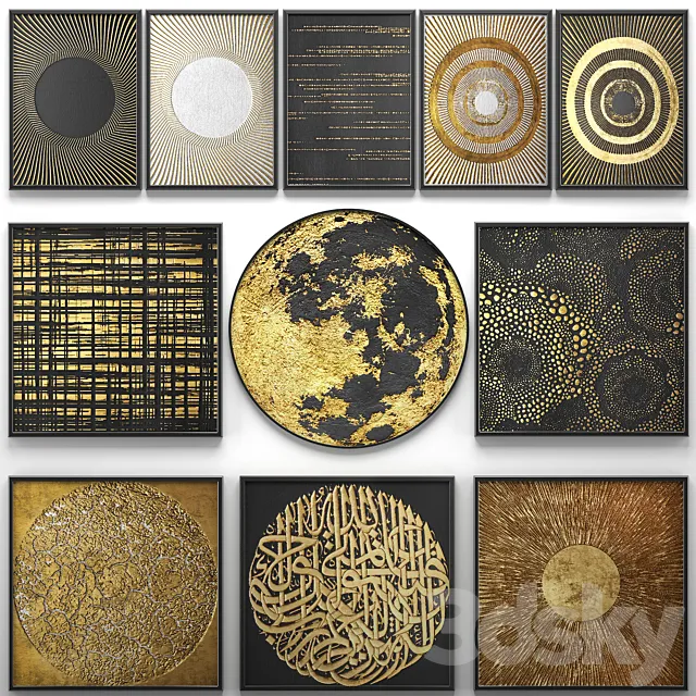 A collection of paintings. Gold. 14. wall decor a set of paintings luxury murals metal set decorative abstraction pattern loft industrial style gold 3ds Max