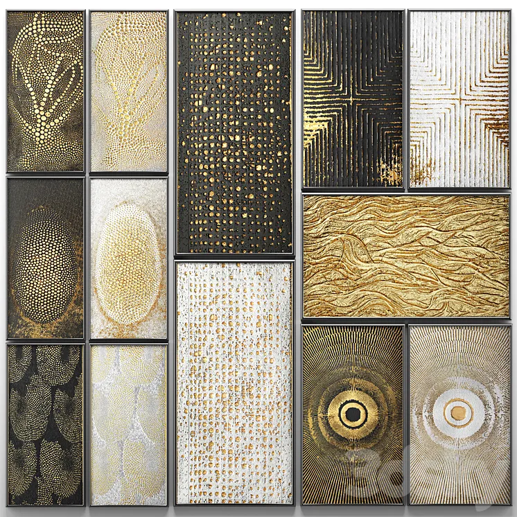 A collection of paintings. Gold. 3. wall decor a set of paintings luxury panels gold white black set decorative abstraction pattern 3DS Max