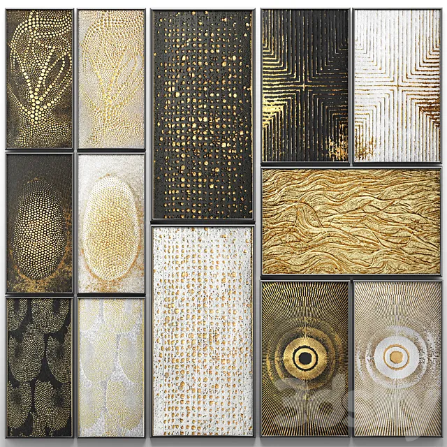 A collection of paintings. Gold. 3. wall decor. a set of paintings. luxury. panels. gold. white. black. set. decorative. abstraction. pattern 3DSMax File
