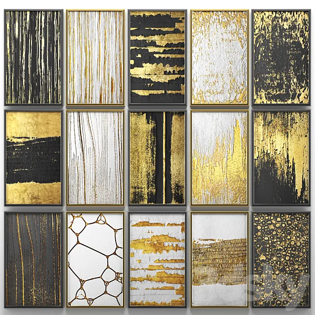 A collection of paintings. Gold. 6. wall decor a set of paintings luxury panels gold white black set decorative abstraction pattern 3ds Max