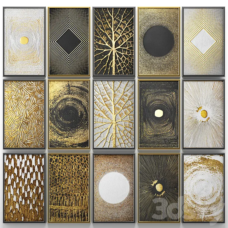 A collection of paintings. Gold. eight. wall decor a set of paintings luxury panels gold white black set decorative abstraction pattern 3DS Max
