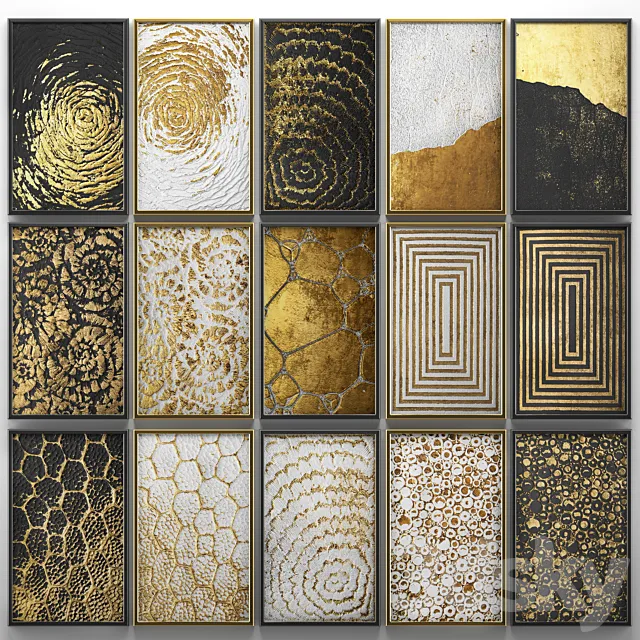 A collection of paintings. Gold. five.  wall decor. a set of paintings. luxury. panels. gold. white. black. set. decorative. abstraction. pattern 3DSMax File