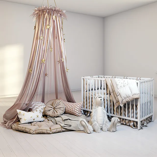 A cozy set for a children’s room with a canopy. a cot IKEA Gulliver and a fluffy rabbit. 3DSMax File