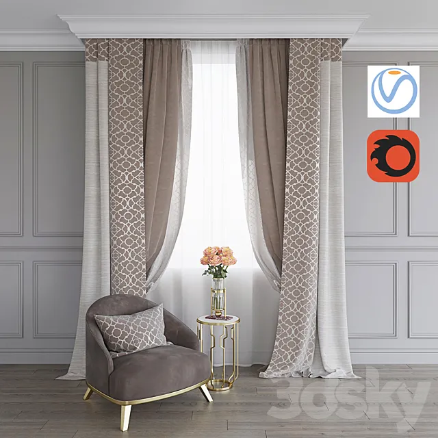A curtain. an armchair and a table with roses (Vray + Corona)) 3DSMax File