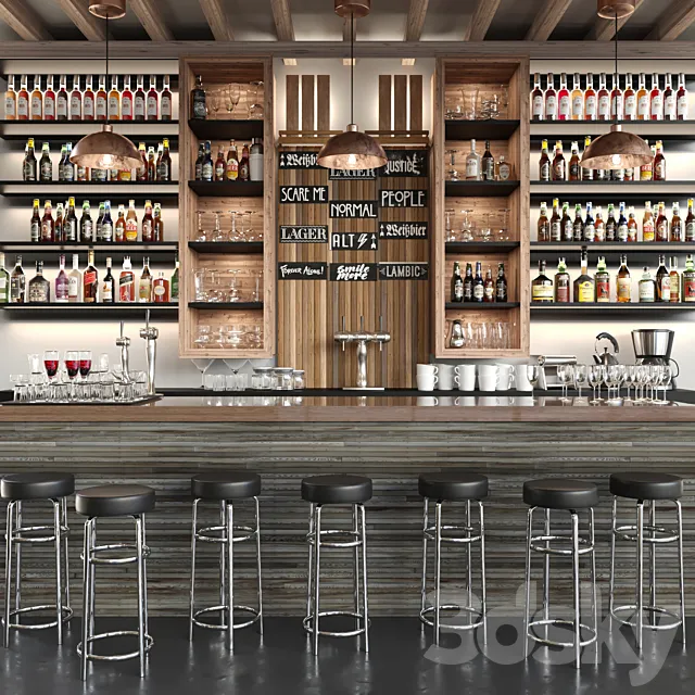 A large bar with alcohol and cocktails in ethnic style. Bar 3DS Max Model