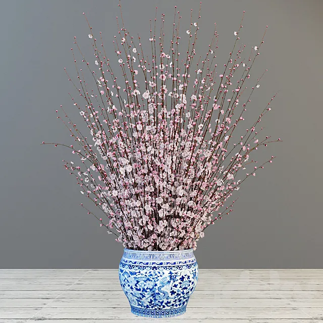 A large bouquet of cherry in the Chinese vase. 3ds Max