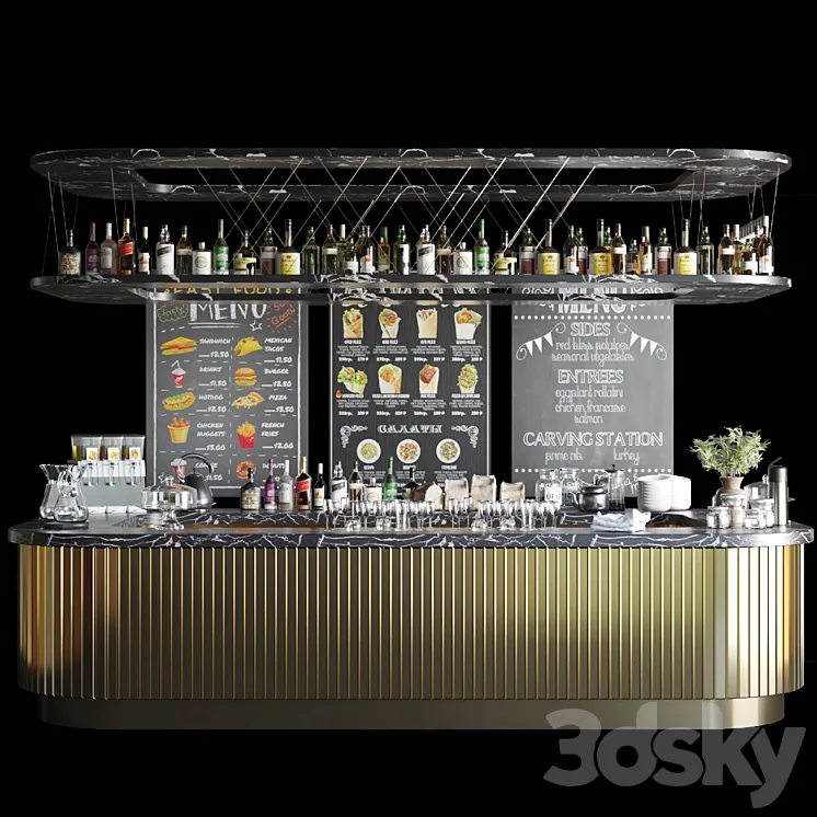 A large design project of a bar counter with strong alcohol wine and a variety of cocktails. Alcohol 3DS Max