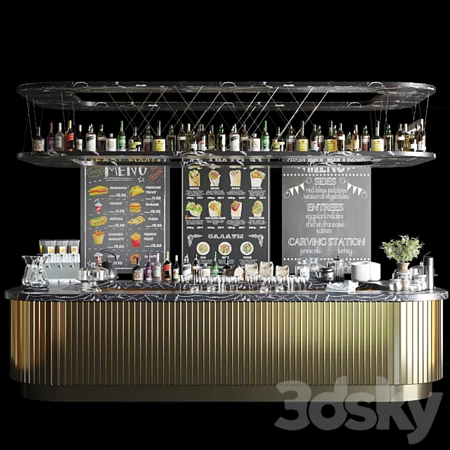 A large design project of a bar counter with strong alcohol. wine and a variety of cocktails. Alcohol 3DSMax File