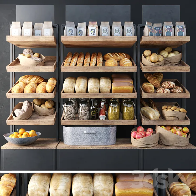 A large showcase in a bakery with bread and other products. Bakery products 3DS Max