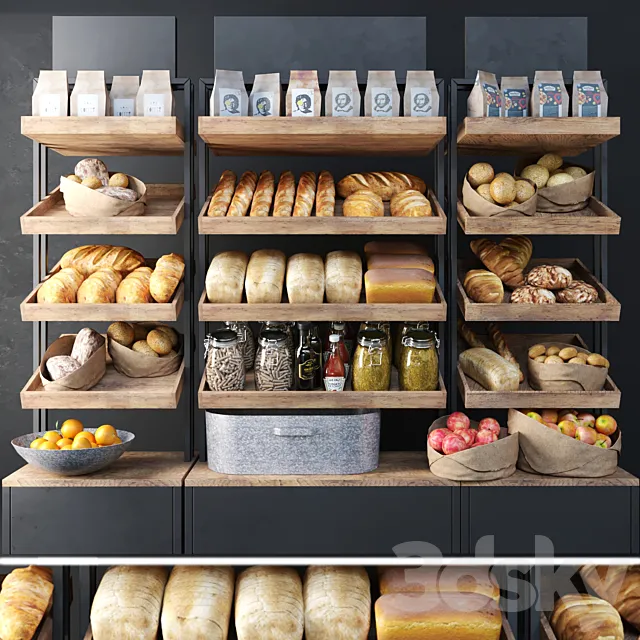 A large showcase in a bakery with bread and other products. Bakery products 3DSMax File