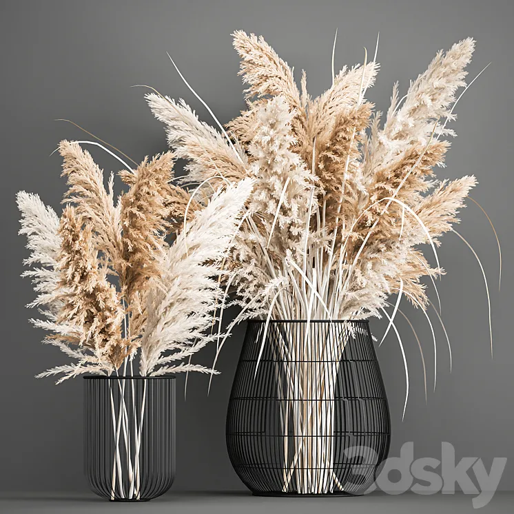A lush bouquet of dried flowers in a basket with pampas Pampas grass Cortaderia a branch. 192. 3DS Max