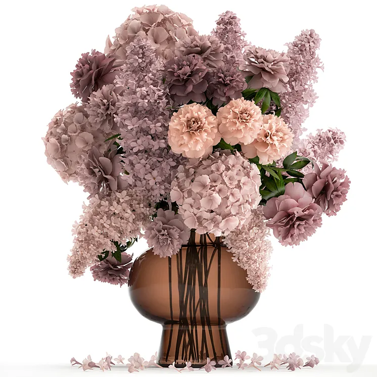 A lush bouquet of spring flowers in a glass vase with hydrangeas lilacs peonies. 144. 3DS Max